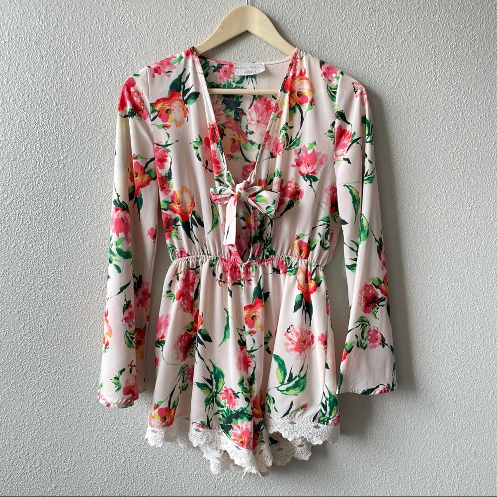 Audrey 3.1 Floral Long Bell Sleeve Tie Front Romper W/ Lace Trim Boho Fairy